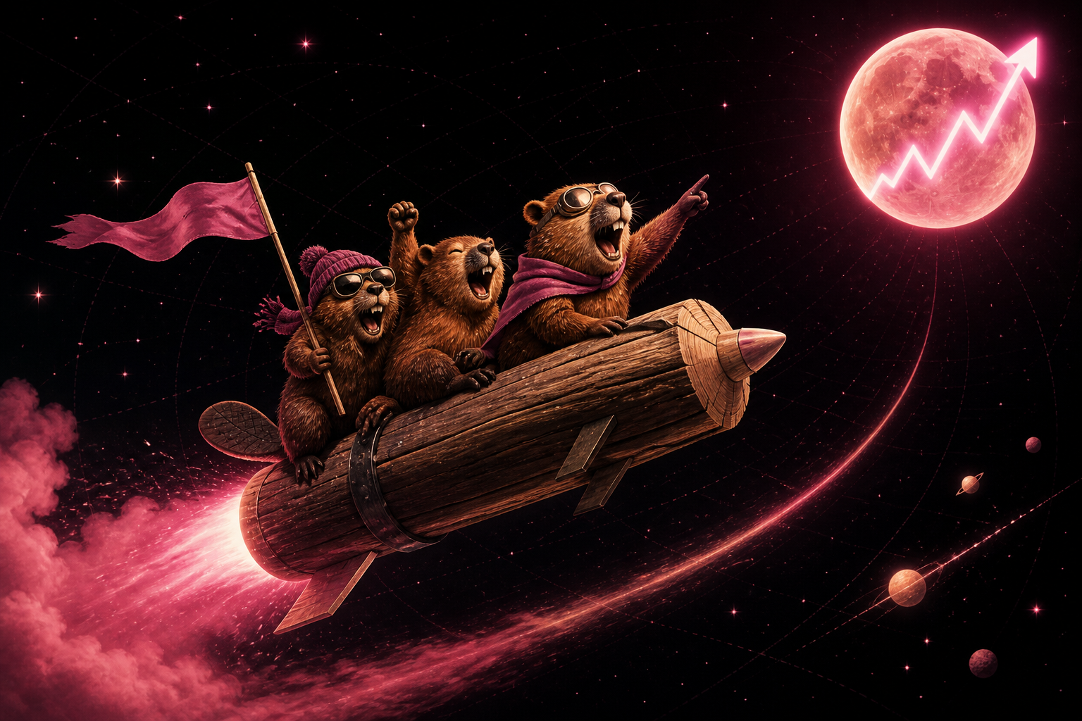 A colony of beavers riding a log rocket toward a rising-chart moon