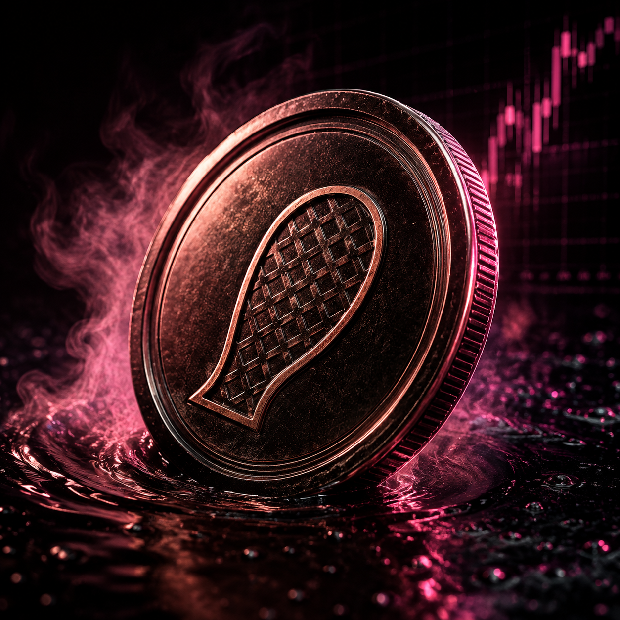A metallic Beavercoin token rising from dark water and pink vapor