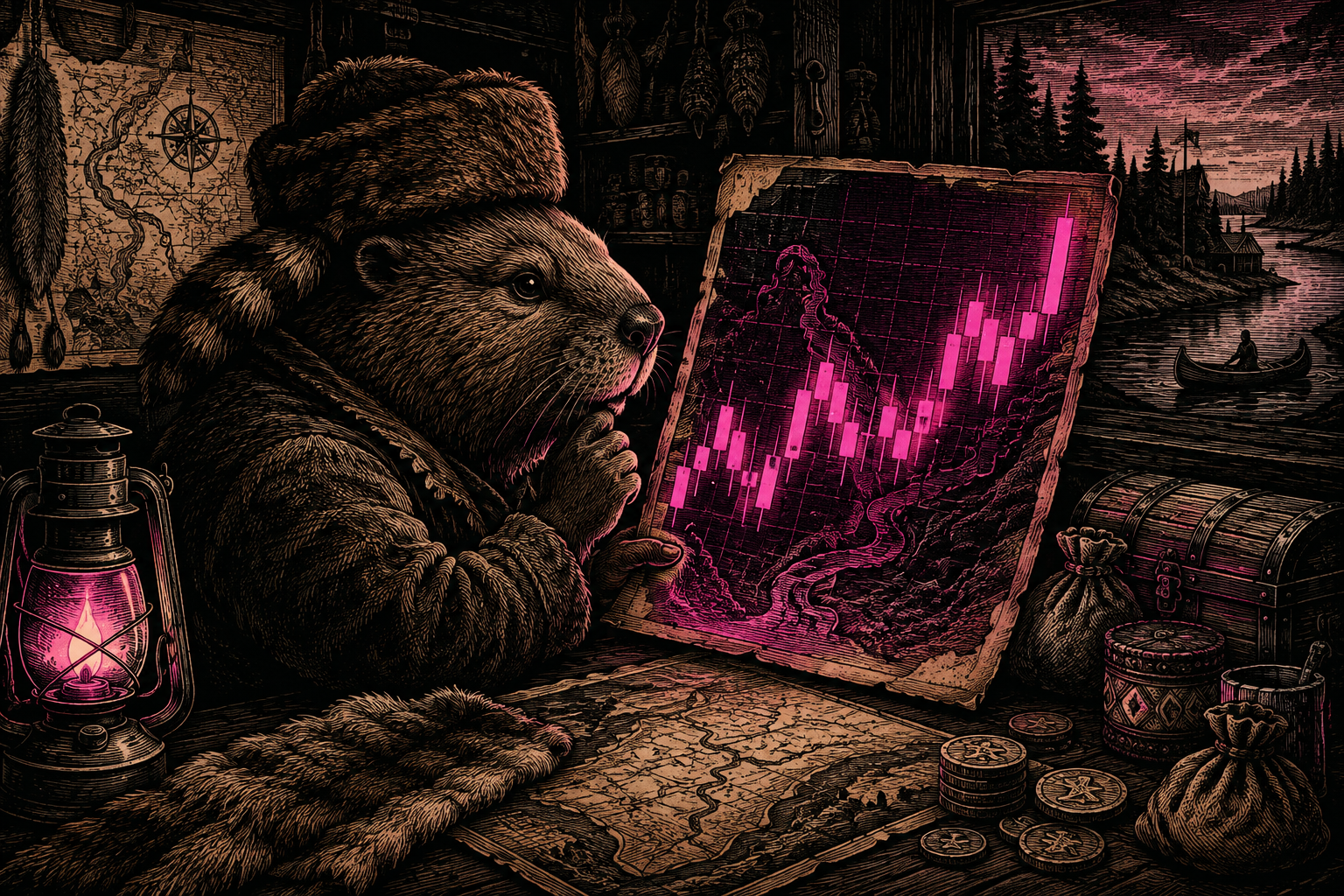 A woodcut-style beaver studying a glowing market chart in an old fur trading post